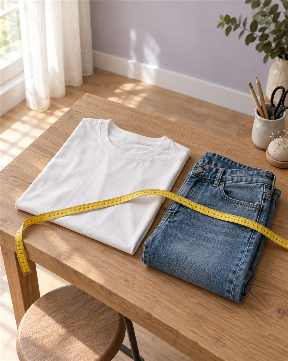 Camiseta branca e calça jeans dobradas sobre a mesa de corte, com a fita métrica por cima.