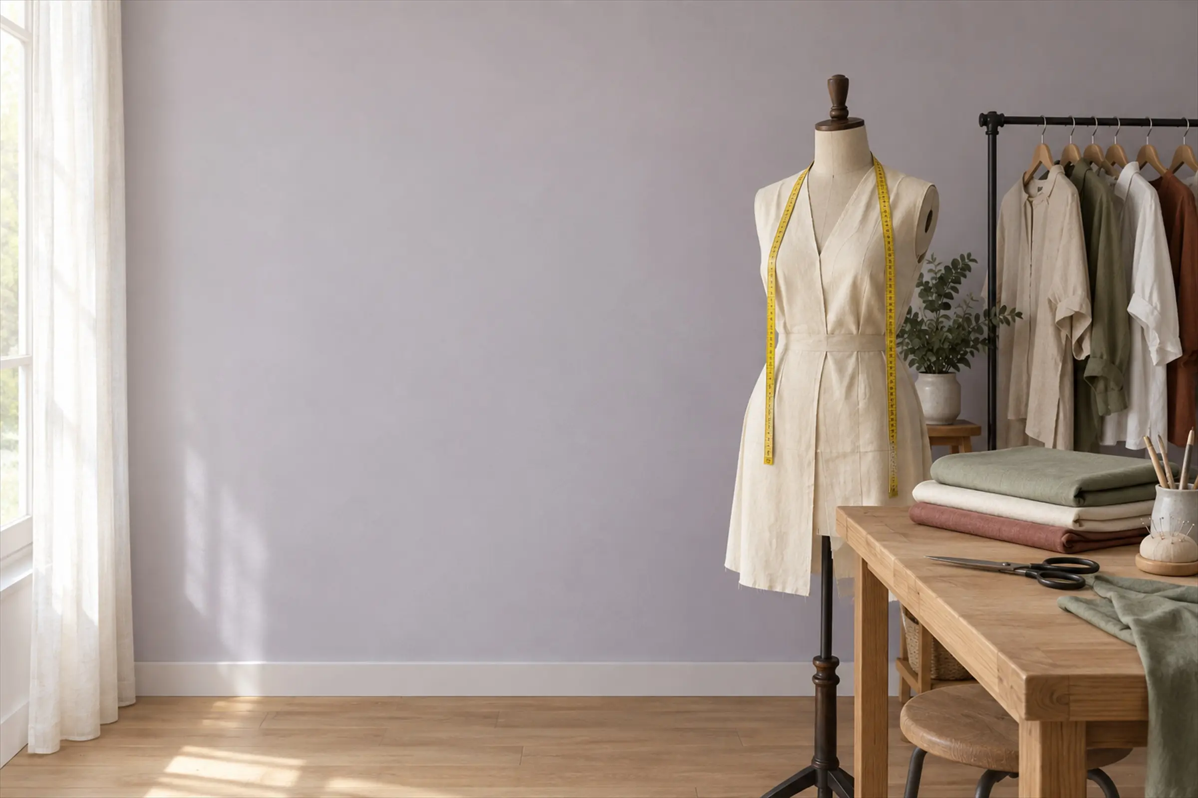 Ateliê de costura com parede lavanda: manequim com uma fita métrica no pescoço, mesa de corte com tecidos dobrados e tesoura, e uma arara de roupas lisas.
